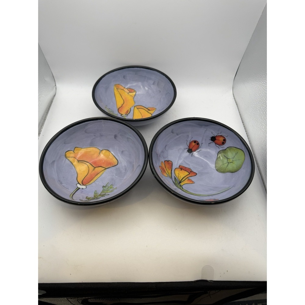 Set of 3 Hand Painted Art Pottery Bowls Purple Poppy Ladybug Signed Studio